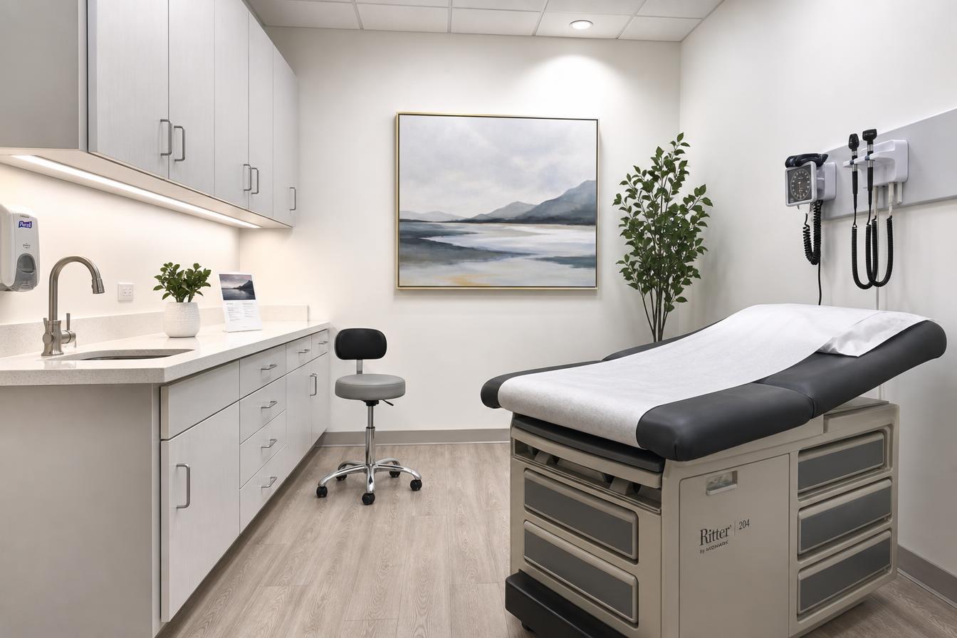 Bright neurology examination room with an exam chair and clinical equipment
